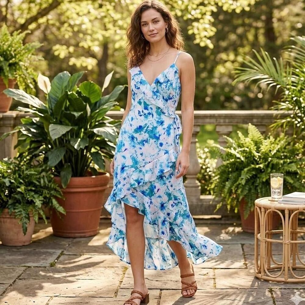 Coquette Fairycore Japna blue floral midi dress with ruffles size L Cottagecore